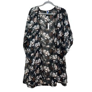 Apt 9 Women Floral Kimono Linear Topper Open Semi Sheer Flare Sleeve Black OS*